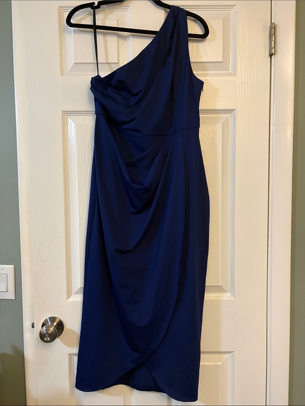 One-Shoulder Midnight Blue Draped Midi Dress